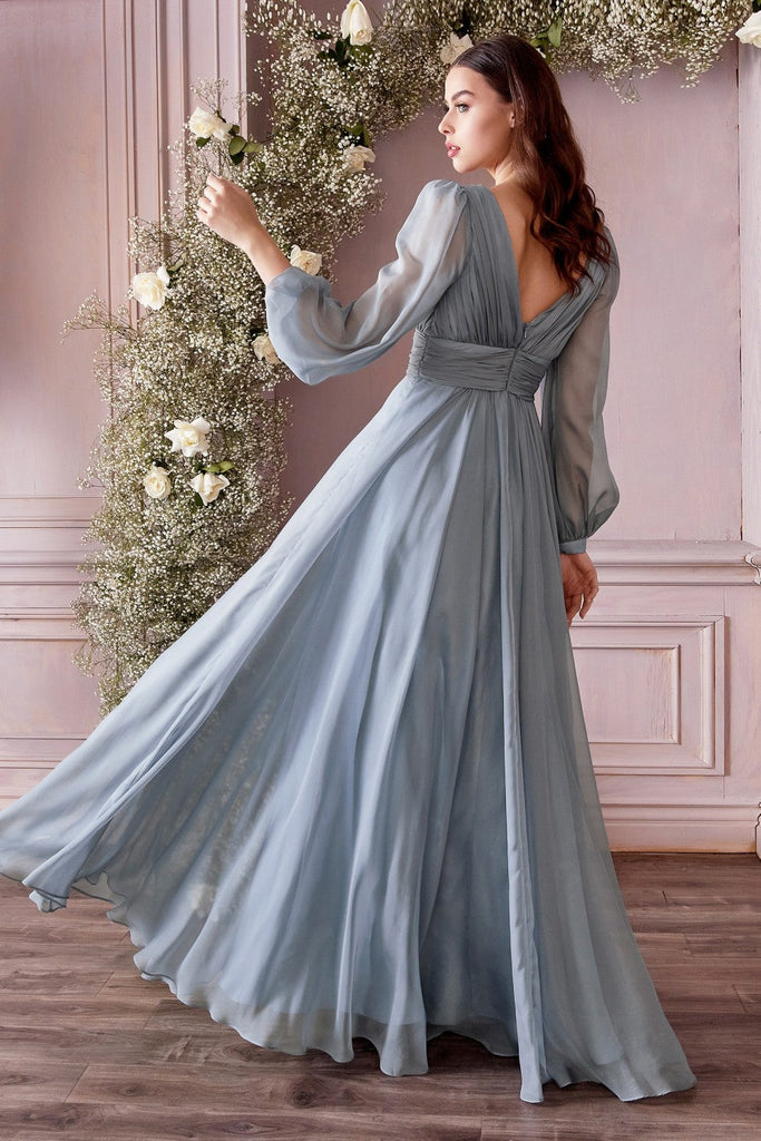 Long Sleeve Chiffon Prom & Ball Dress Modest Gown Gathered Fitted Bodice Sensual Open Back A-line Silhouette CDCD0192 Sale