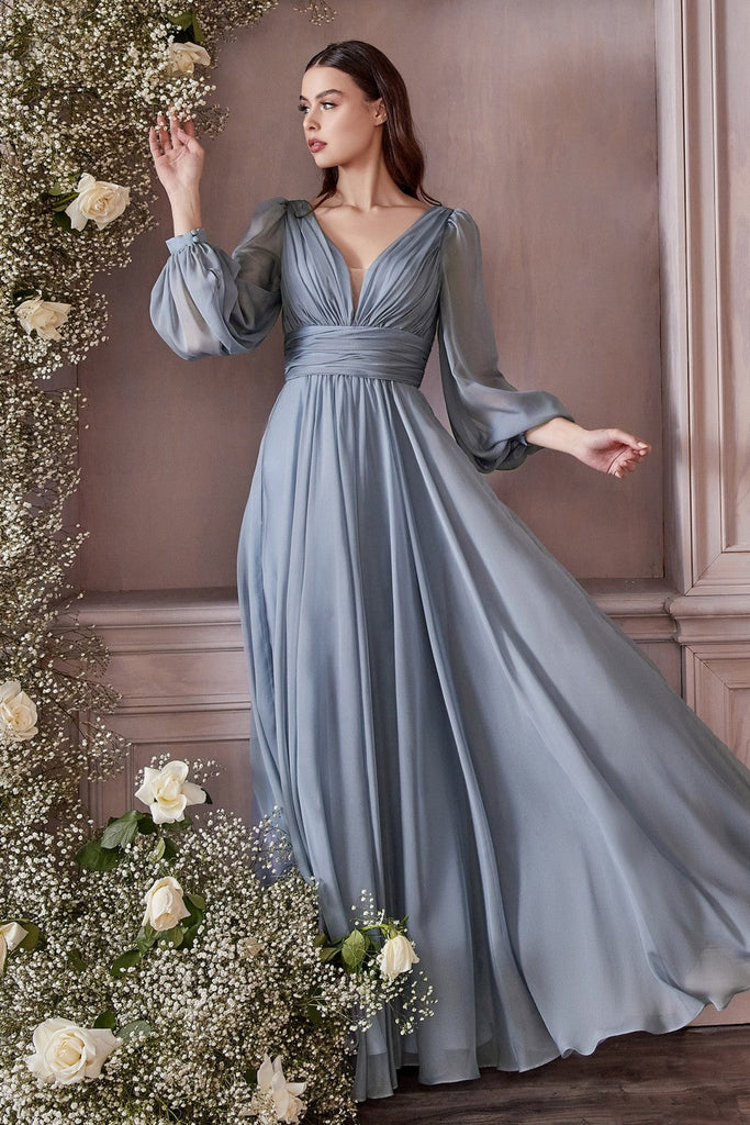 Long Sleeve Chiffon Prom & Ball Dress Modest Gown Gathered Fitted Bodice Sensual Open Back A-line Silhouette CDCD0192 Sale