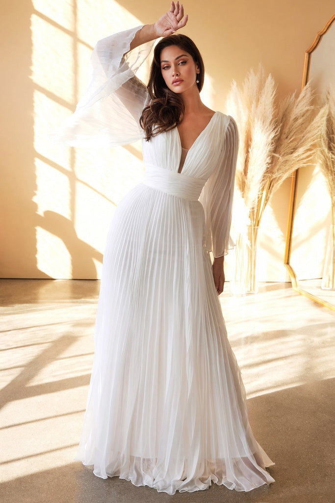 Pleated Chiffon Bridal Gown Deep v-neckline Bodice with Open Back and Covered Shoulders Pretty Wedding Ceremony Dress CDCD242W Sale