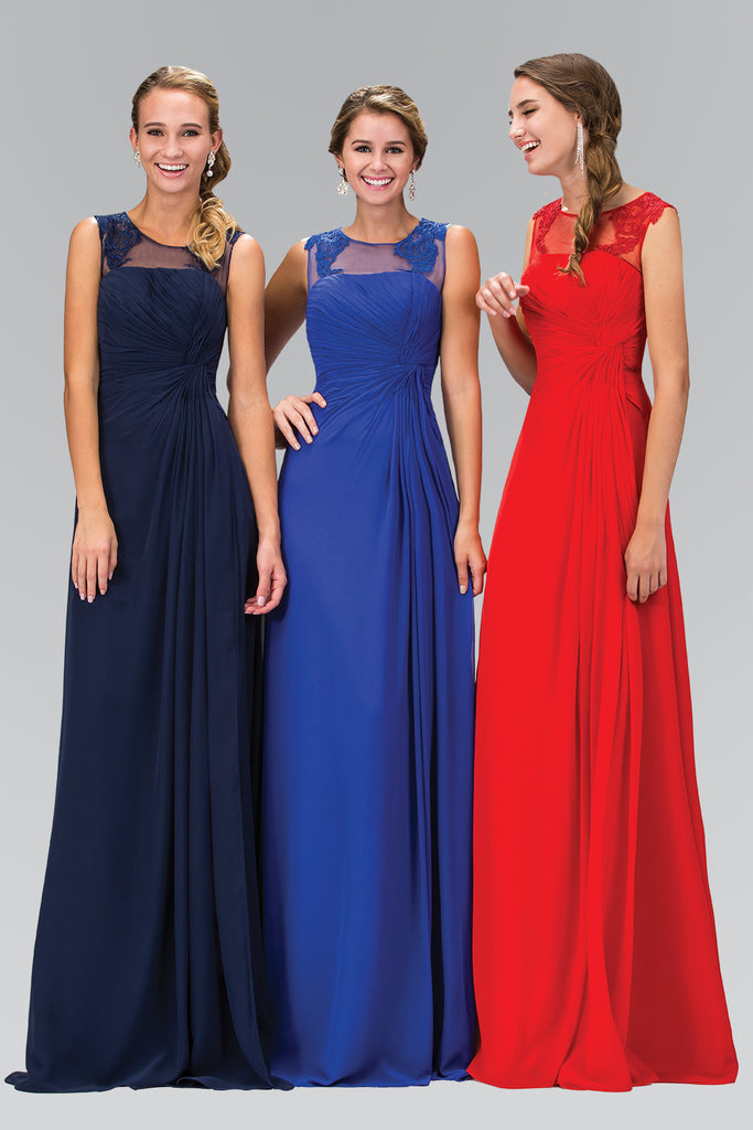 Ruched Floor Length Dress with Illusion Neckline and Sheer Back GLGL1375