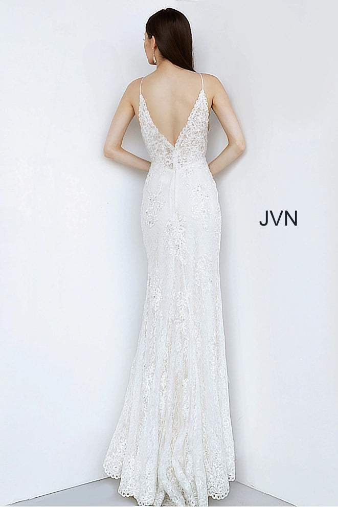 JVN00864 Blue Plunging Neckline High Slit Dress