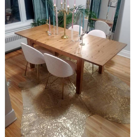 Cowhide rug vermont woodstock in golden metallic with back finished to suede an addition to your glam decor 1930shome kitchen cowhide rug first house. 