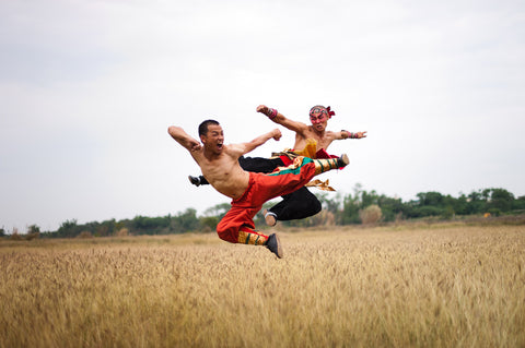 zwei Kung Fu Kämpfer in der Luft
