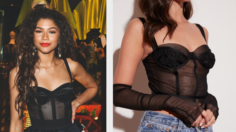 zendaya's sexy celebrity woman in style fashion mesh corset bustier sexy lingerie black lace bodysuit outfit street style fashion 