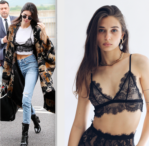 kendall jenner sexy celebrity woman in lace black bralette sexy lingerie street style fashion outfit