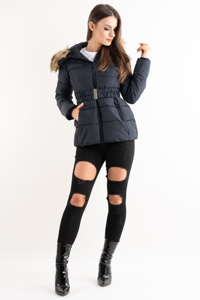 Navy Belted Faux Fur Hood Quilted Puffer Jacket - Gracie