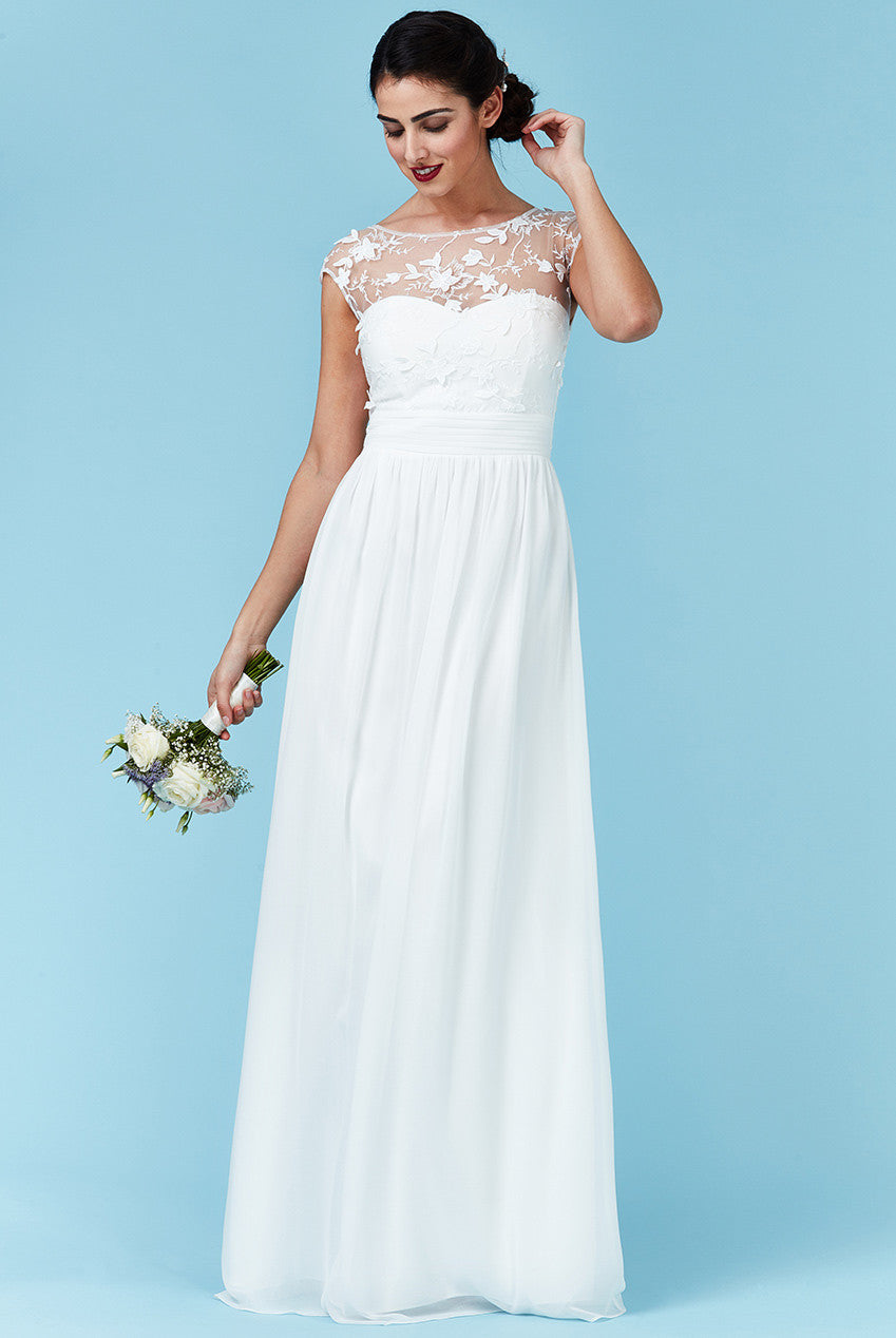 Goddiva Chiffon Maxi Wedding Dress Flower Detail White Glitzy Angel