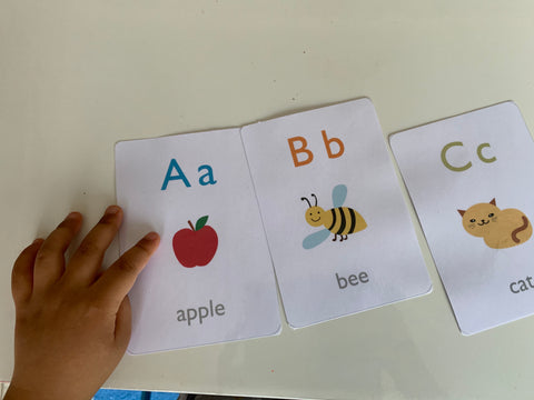 Alphabet flashcards showing an apple, a bee and a cat