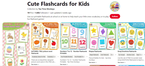 Tea Time Monkeys Pinterest Board showing Free Flashcards for Kids