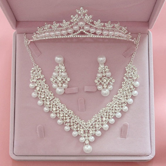 Bridal Accessories Wedding Jewelry Set Rhinestone Necklace Earrings Tiara Crown