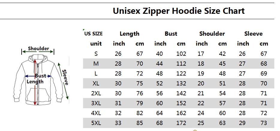 Zip-up Hoodie Sizing Chart