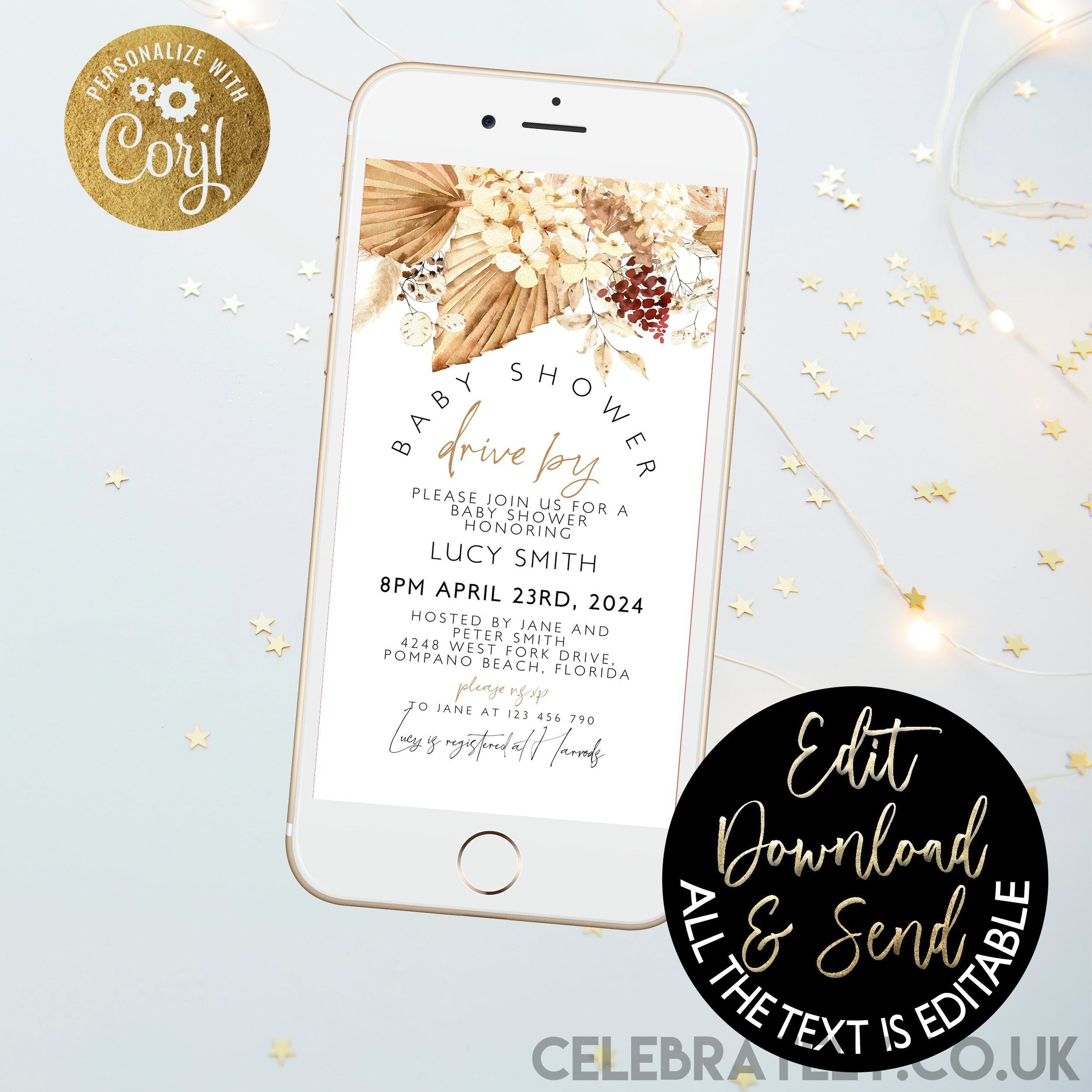 Orchid Pampas Grass Digital Baby Shower Party Invitation Boho Palm leaf Digital Editable iPhone Evite Digital Party Invite Template SMS BH01