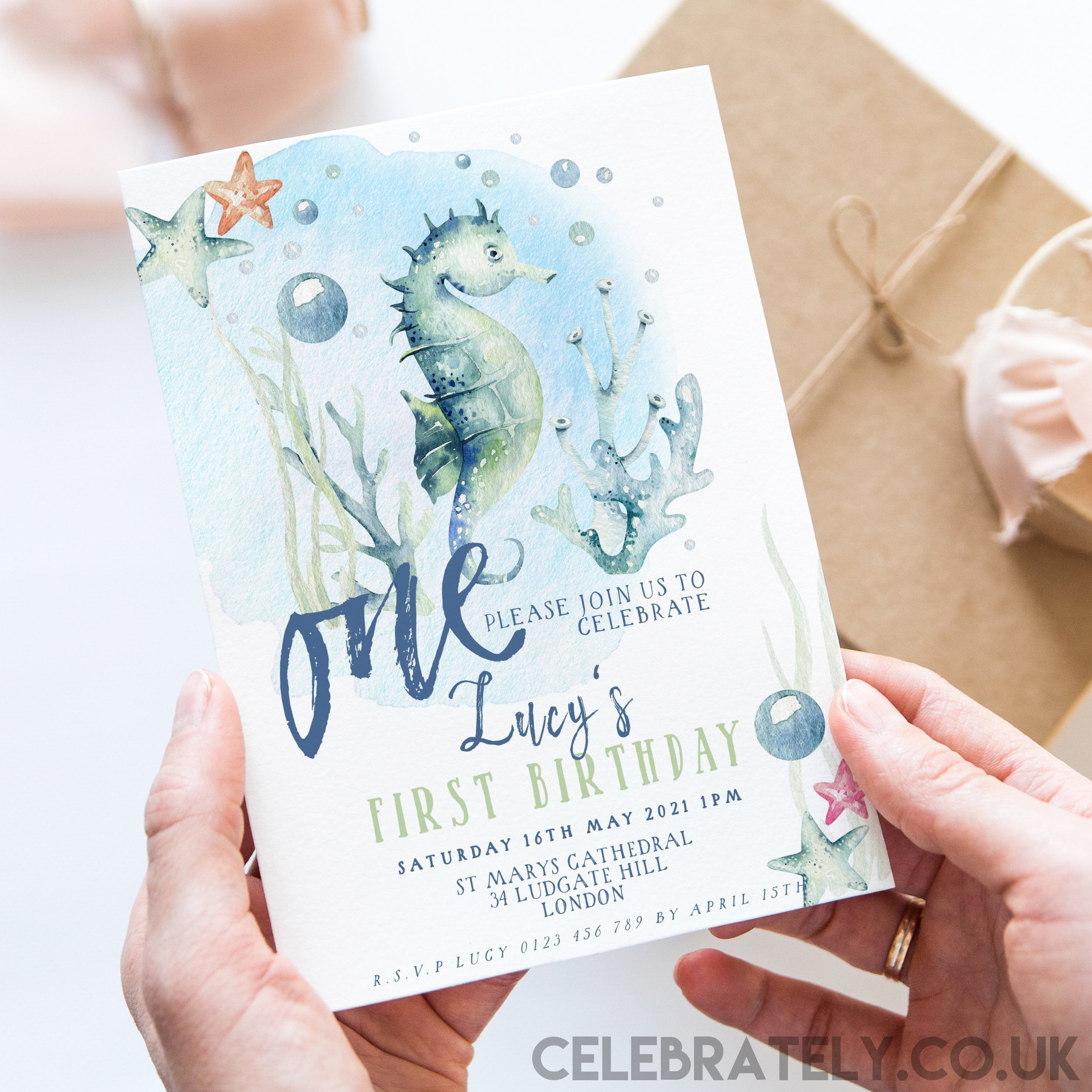 Sea Horse First Birthday Invitation Sea Life Invite Printable Instant Download Editable digital File Invitation Corjl Template SL002