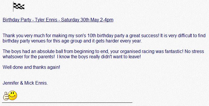 Scalextric birthday party thankyou email