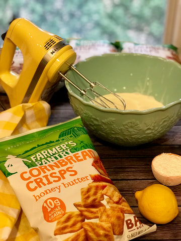 Farmer's Pantry Cornbread Crisps, Hand mixer, bowl with cream, lemon