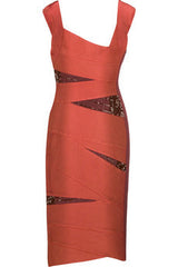 Herve Leger coral square neck sequin dress