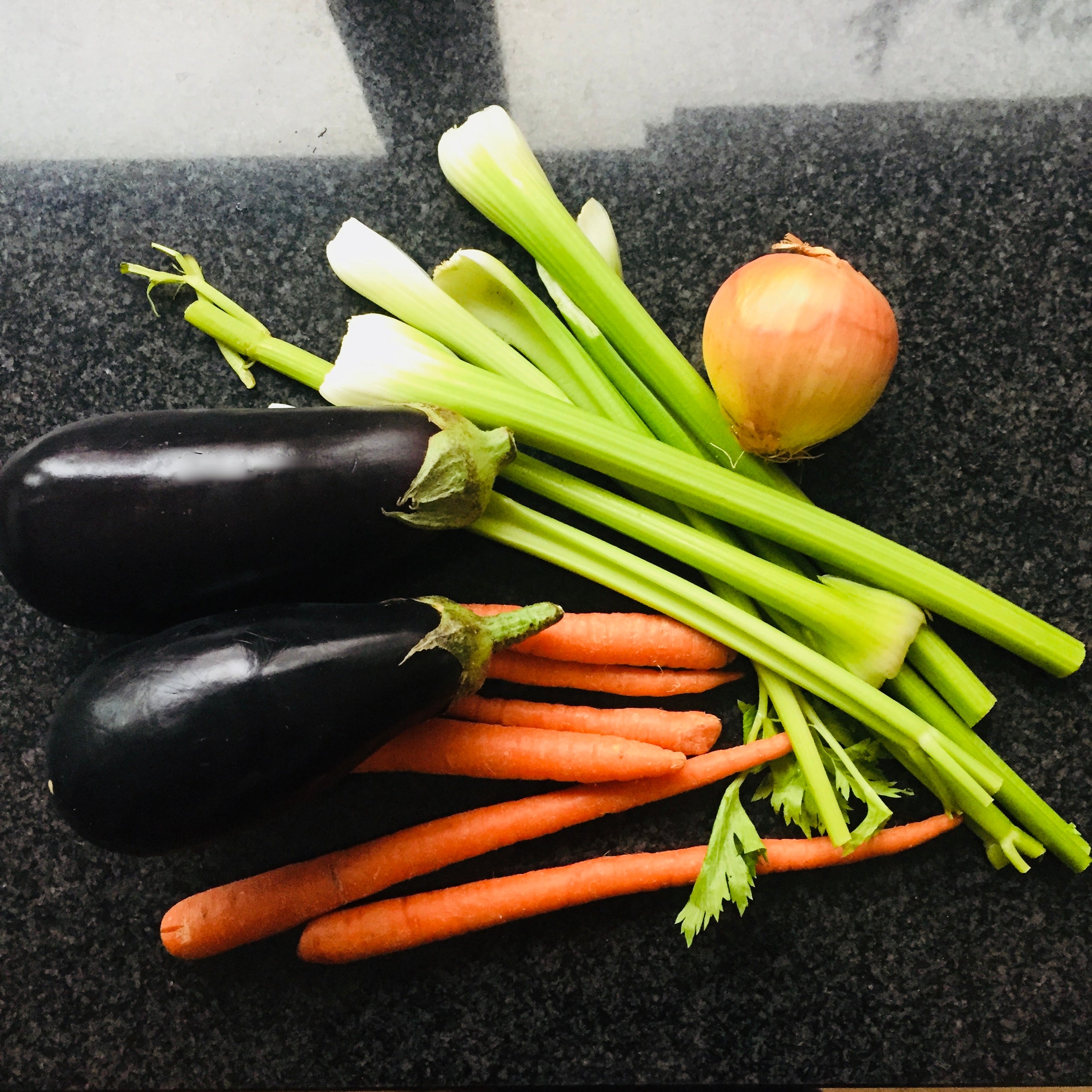 eggplant, celery, onion, carrot