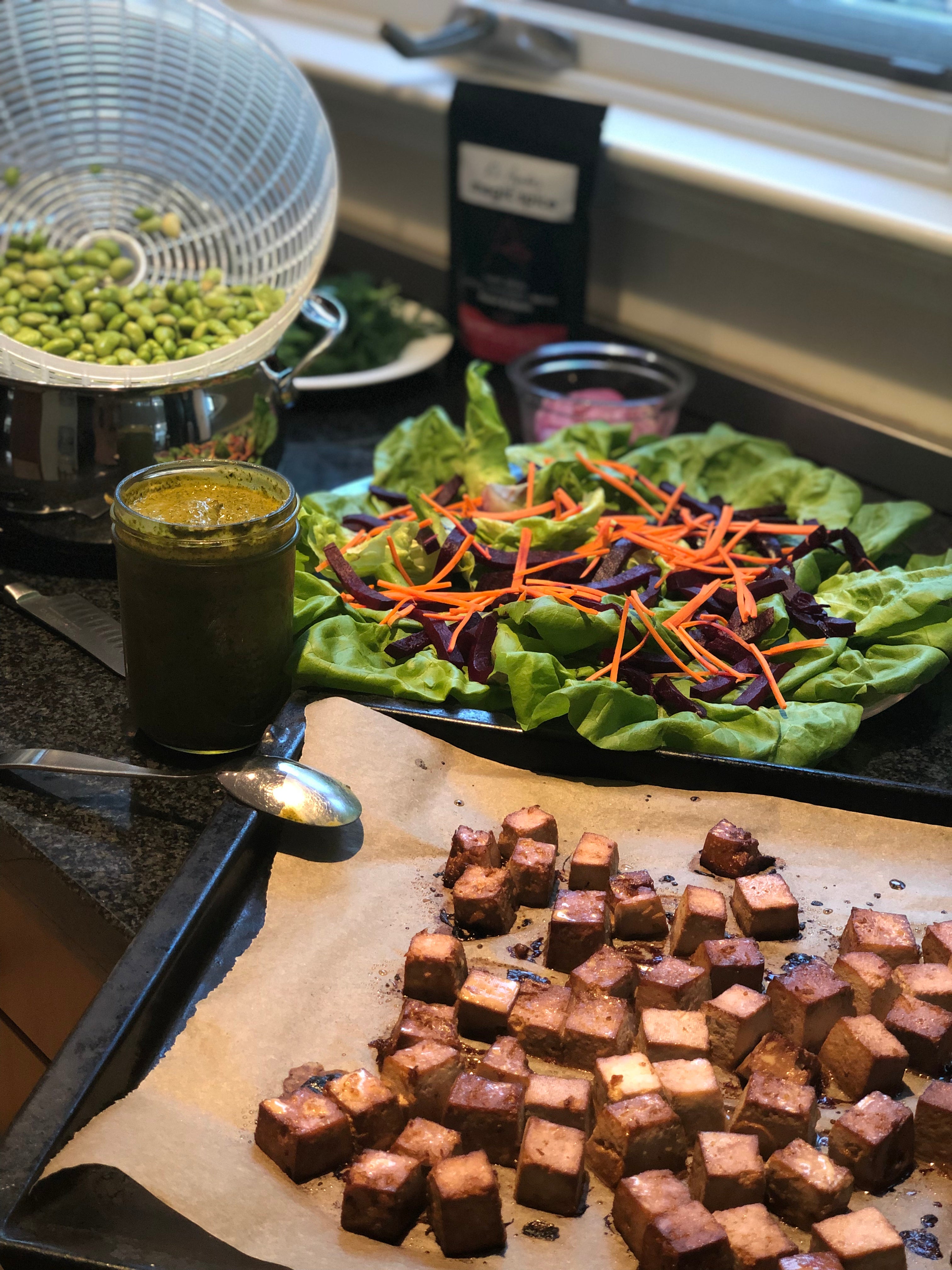 tofu, lettuce, beets, Green Goddess Dressing, prep