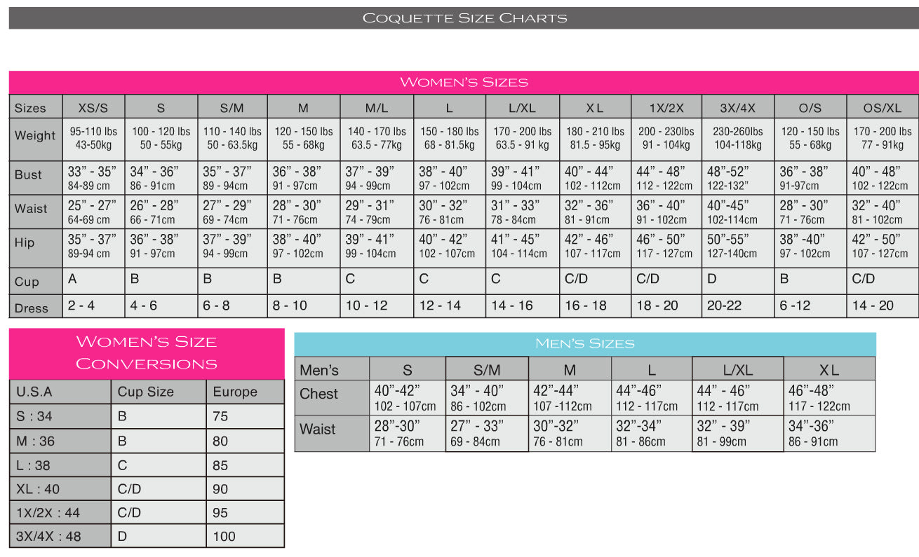 Size Chart for Women's Coquette and Zakk Underwear - ABC Underwear