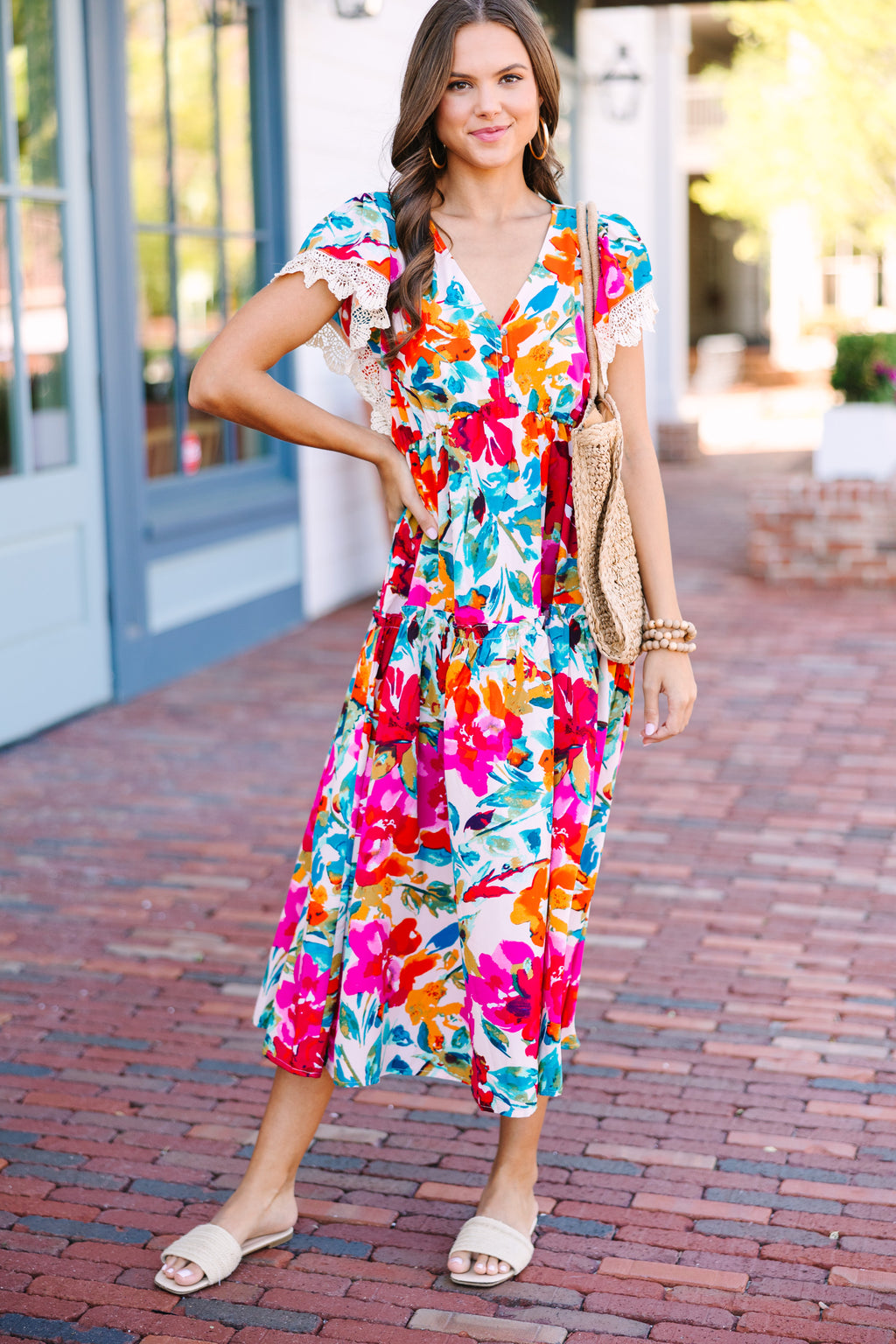Women's dress, Floral print, Crochet detailing, Midi dress, Colorful fashion