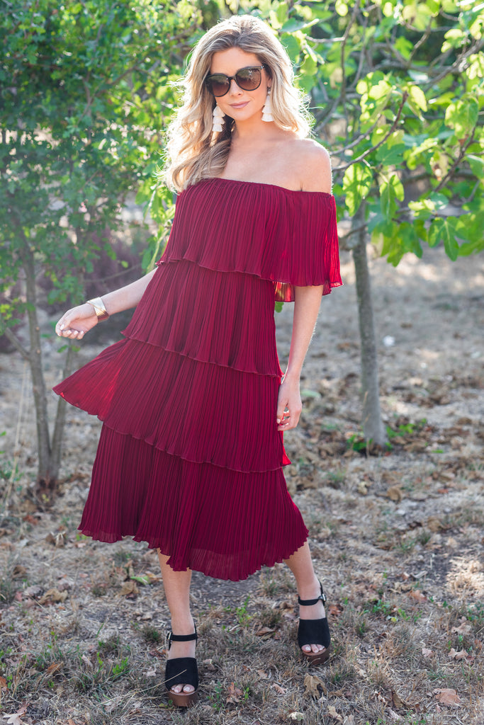 red off the shoulder dress casual