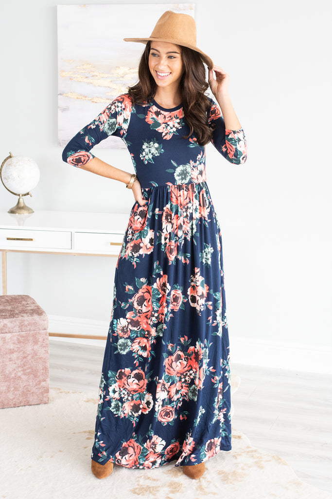 blue patterned maxi dress