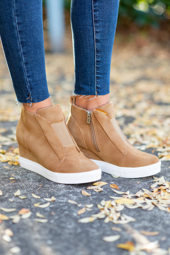 camel sneaker wedges