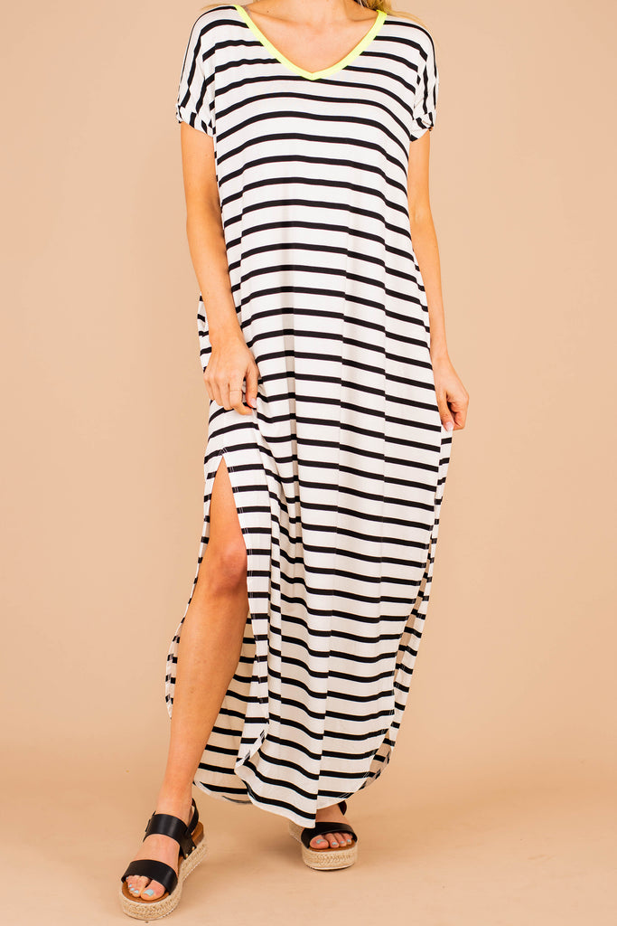 striped v neck half sleeve maxi dress