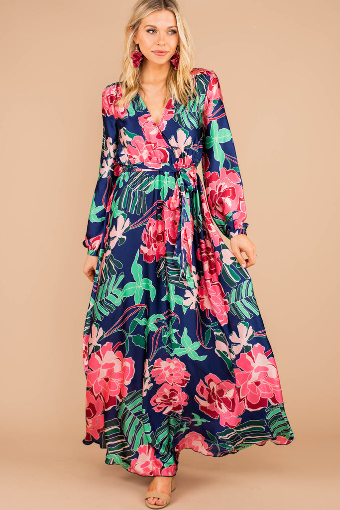 navy floral maxi dress with sleeves