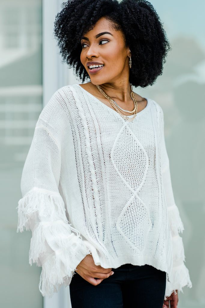 white fringe sweater