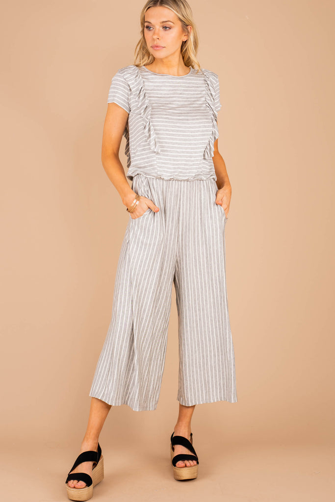 gray striped jumpsuit