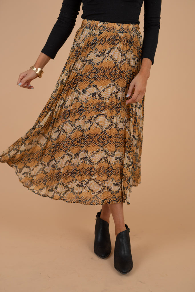 yellow snake print pleated midi skirt