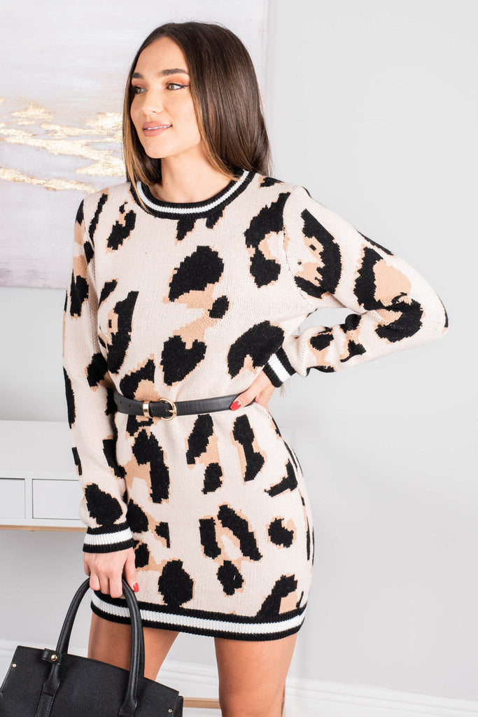 Flattering Brown Leopard Sweater Dress 