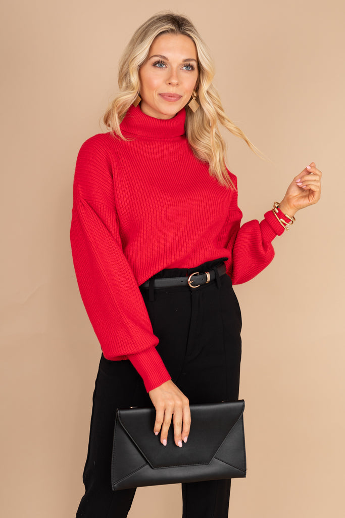 red turtleneck sweater