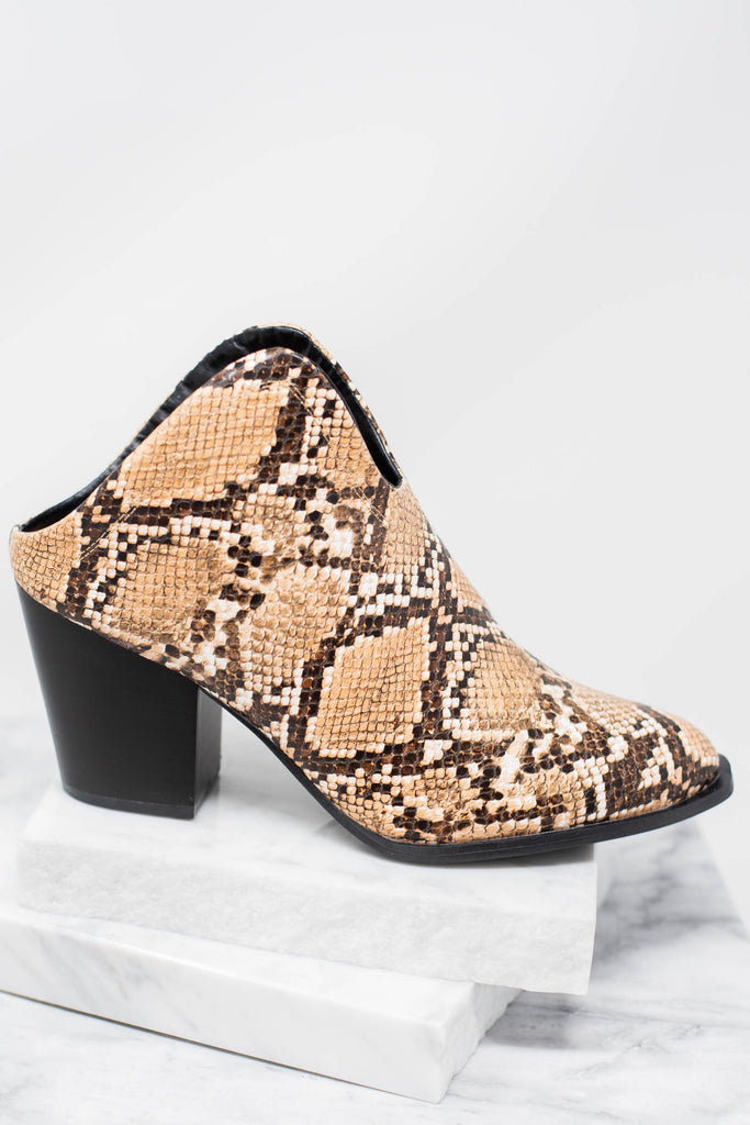 snake print heeled mules