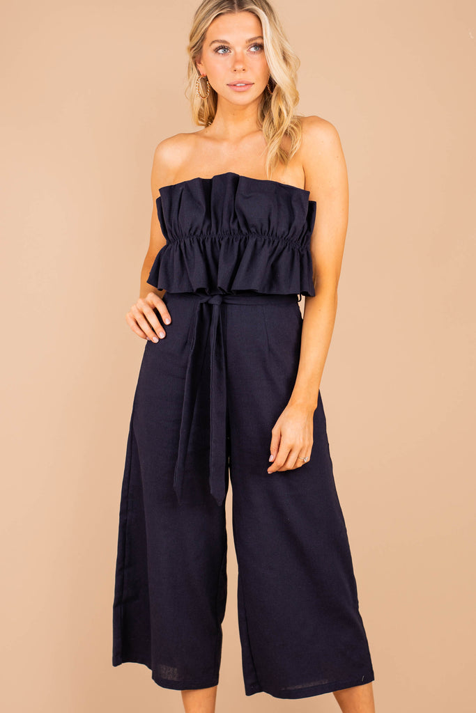 blue ruffle jumpsuit