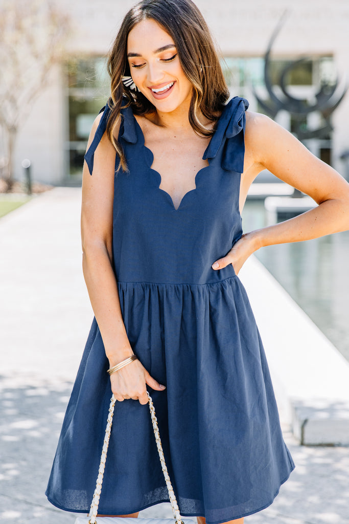 navy blue scalloped dress