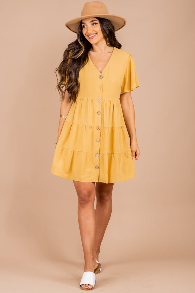 yellow button down midi dress