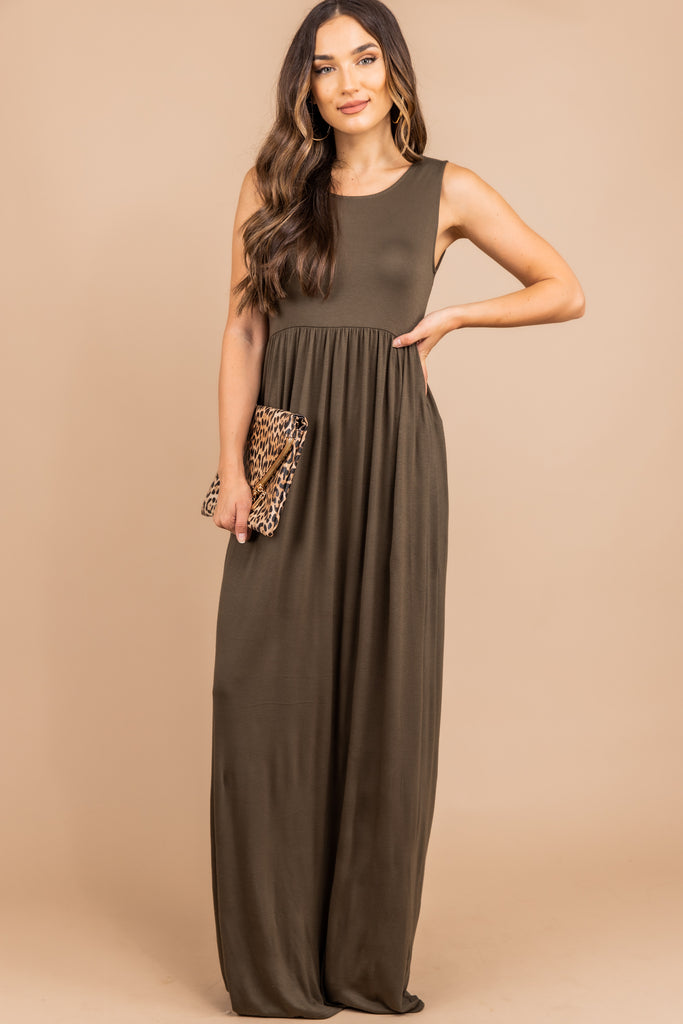 Casual Olive Green Empire Maxi Dress 