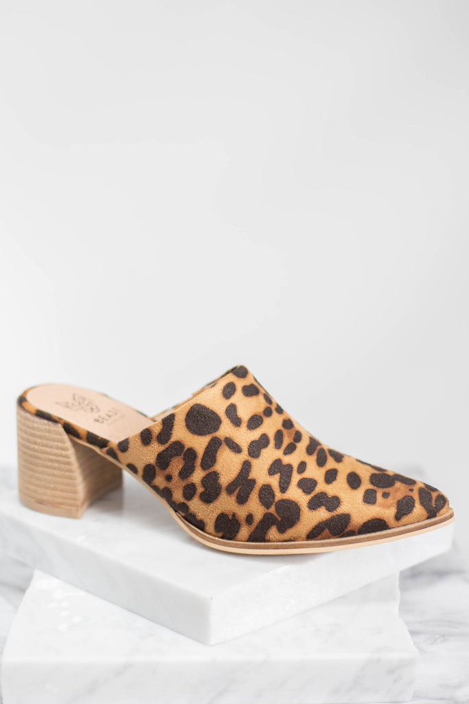 heeled leopard mules