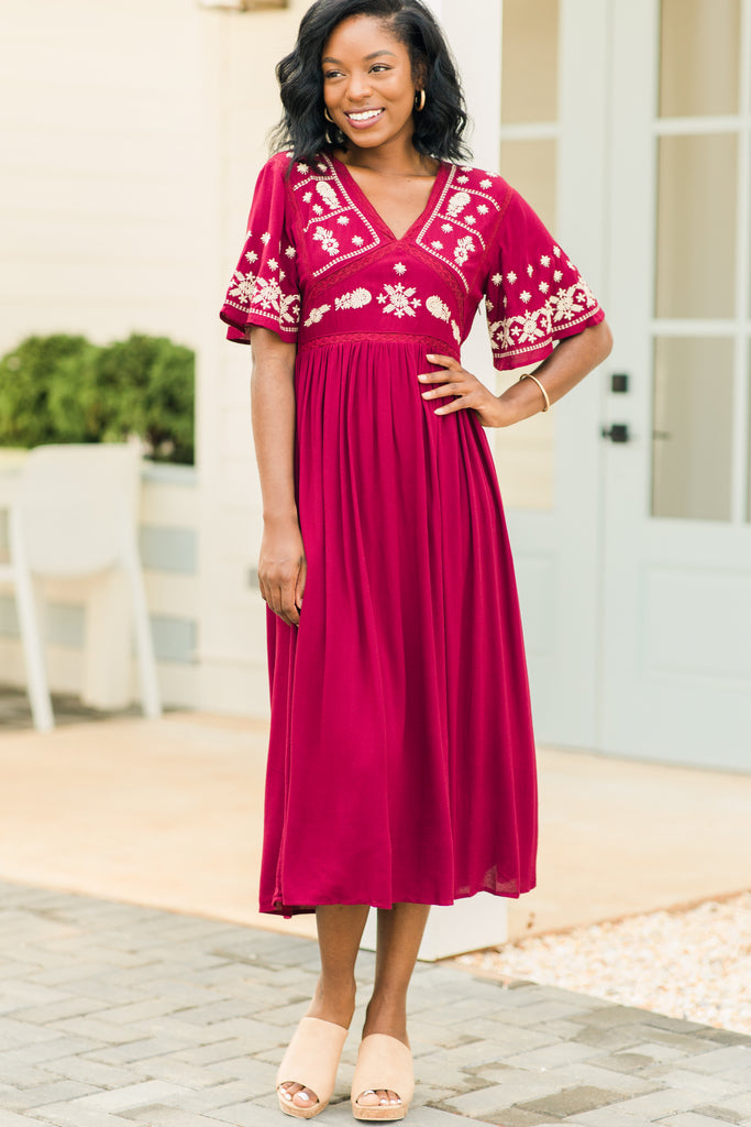 red embroidered midi dress