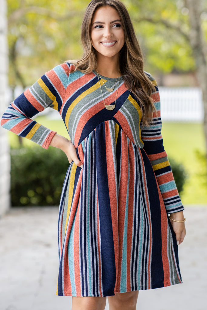 navy blue striped dress outfit