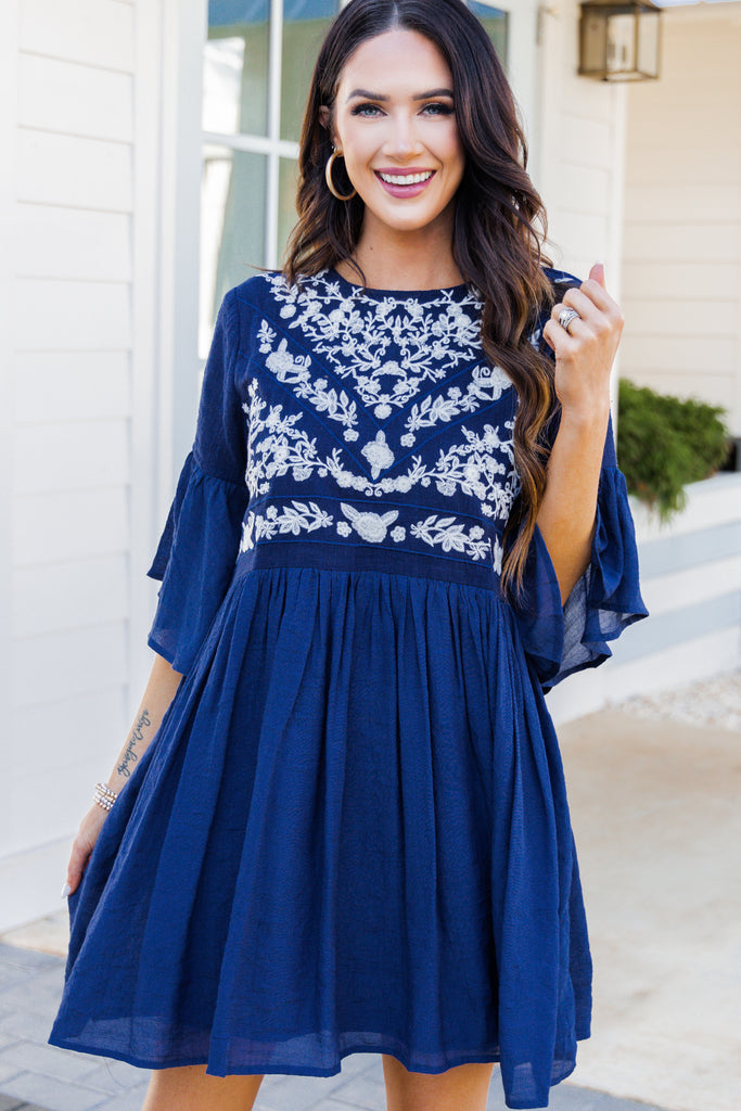 navy blue embroidered dress