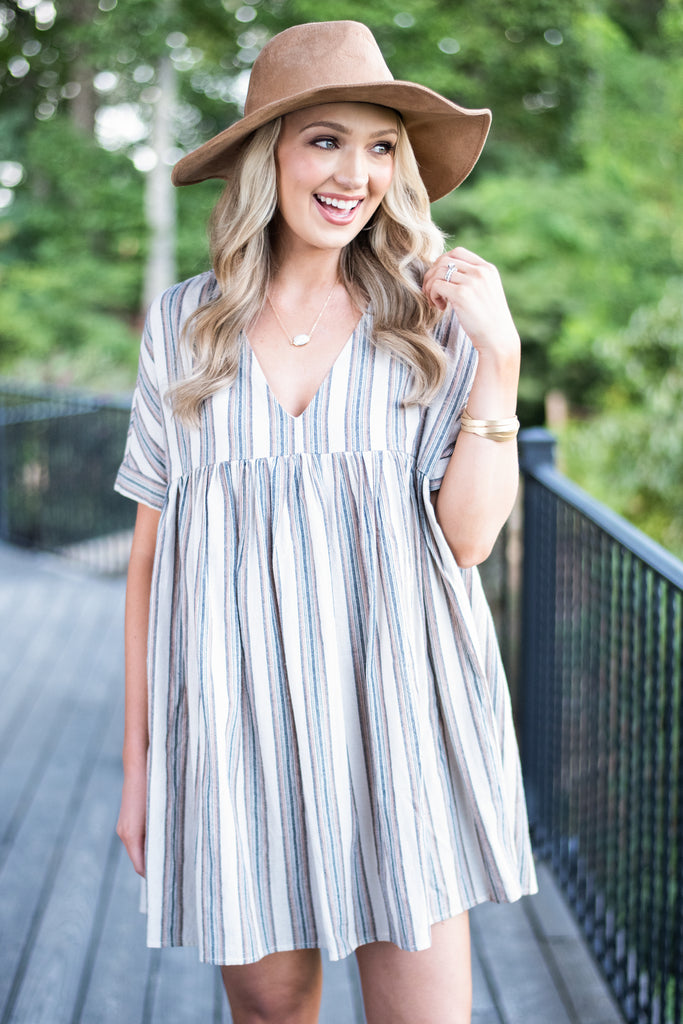 grey and white striped dress