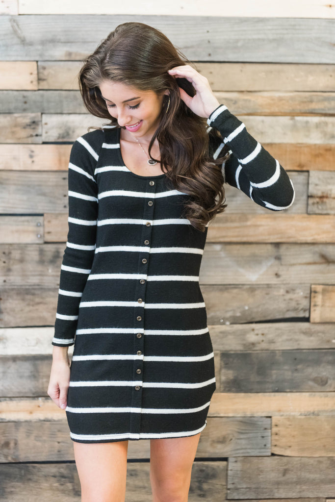 tight black and white striped dress