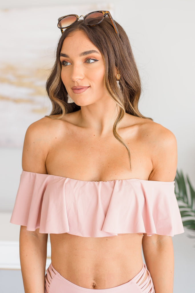 off the shoulder ruffle bikini top