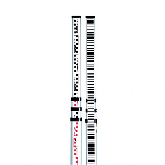 White, red and black barcode staff used together with a Geomax digital level