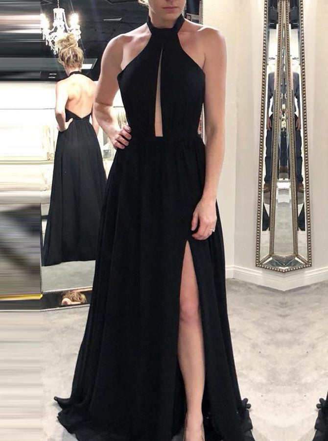 black halter neck prom dress