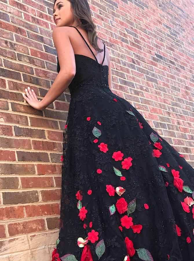 black and floral prom dress