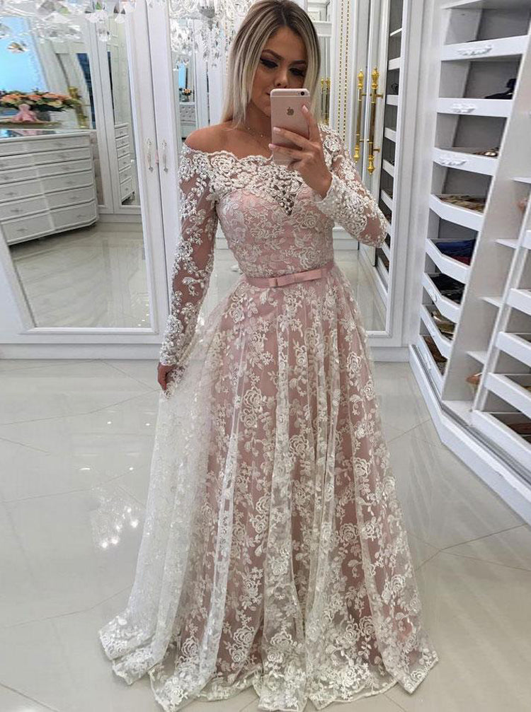 blush wedding dress with lace overlay